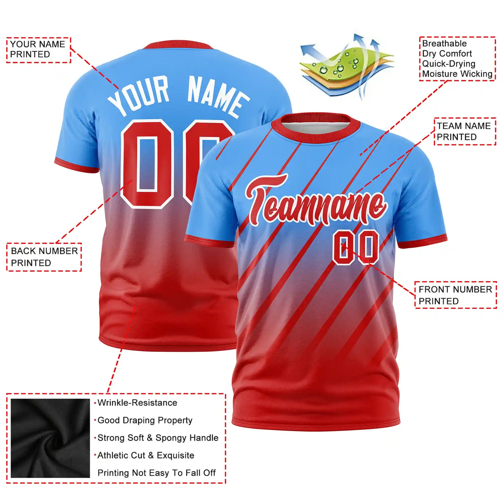 Custom Powder Blue-Red Gradient Fashion Diagonal Stripe Performance T-Shirt