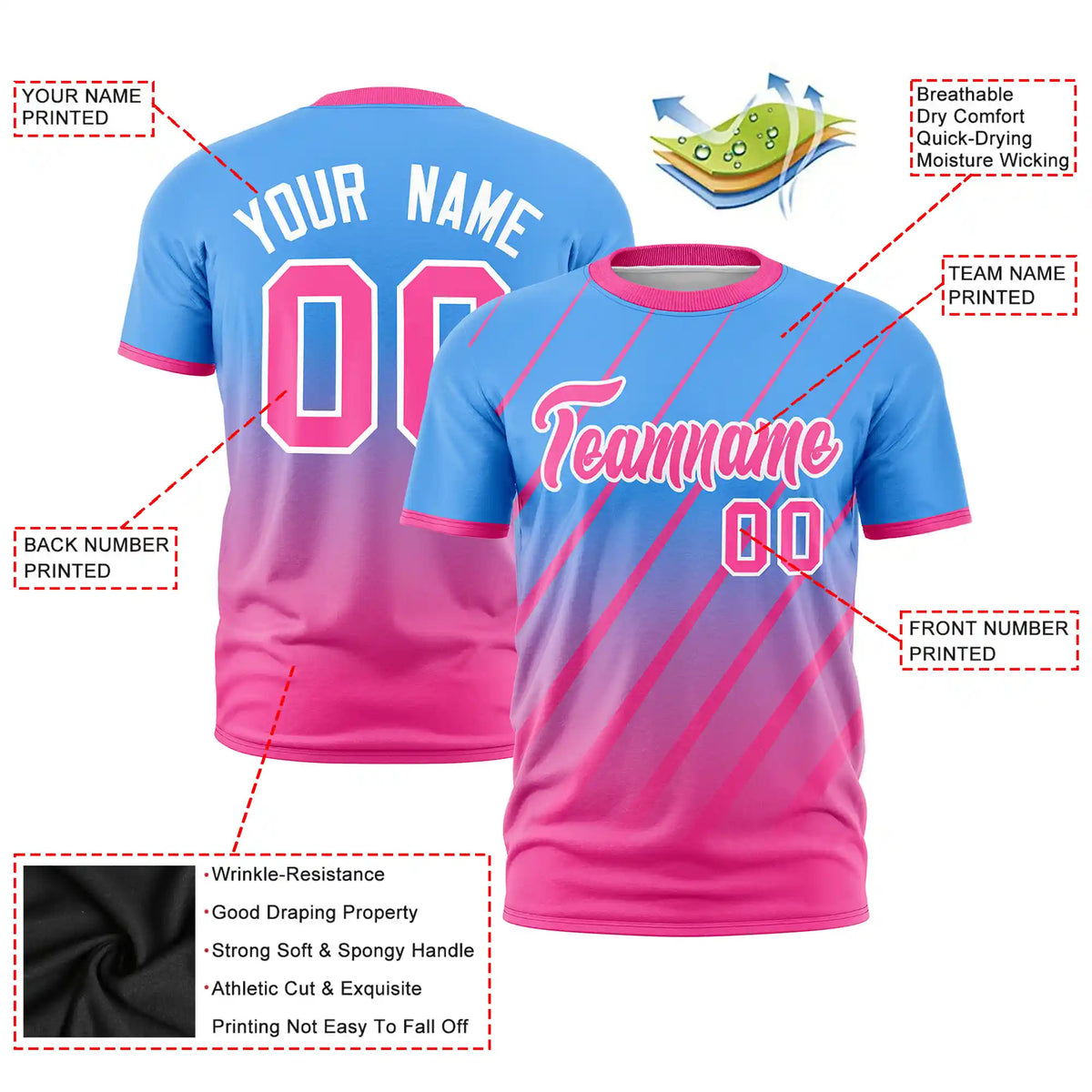 Custom Powder Blue-Pink Gradient Fashion Diagonal Stripe Performance T-Shirt