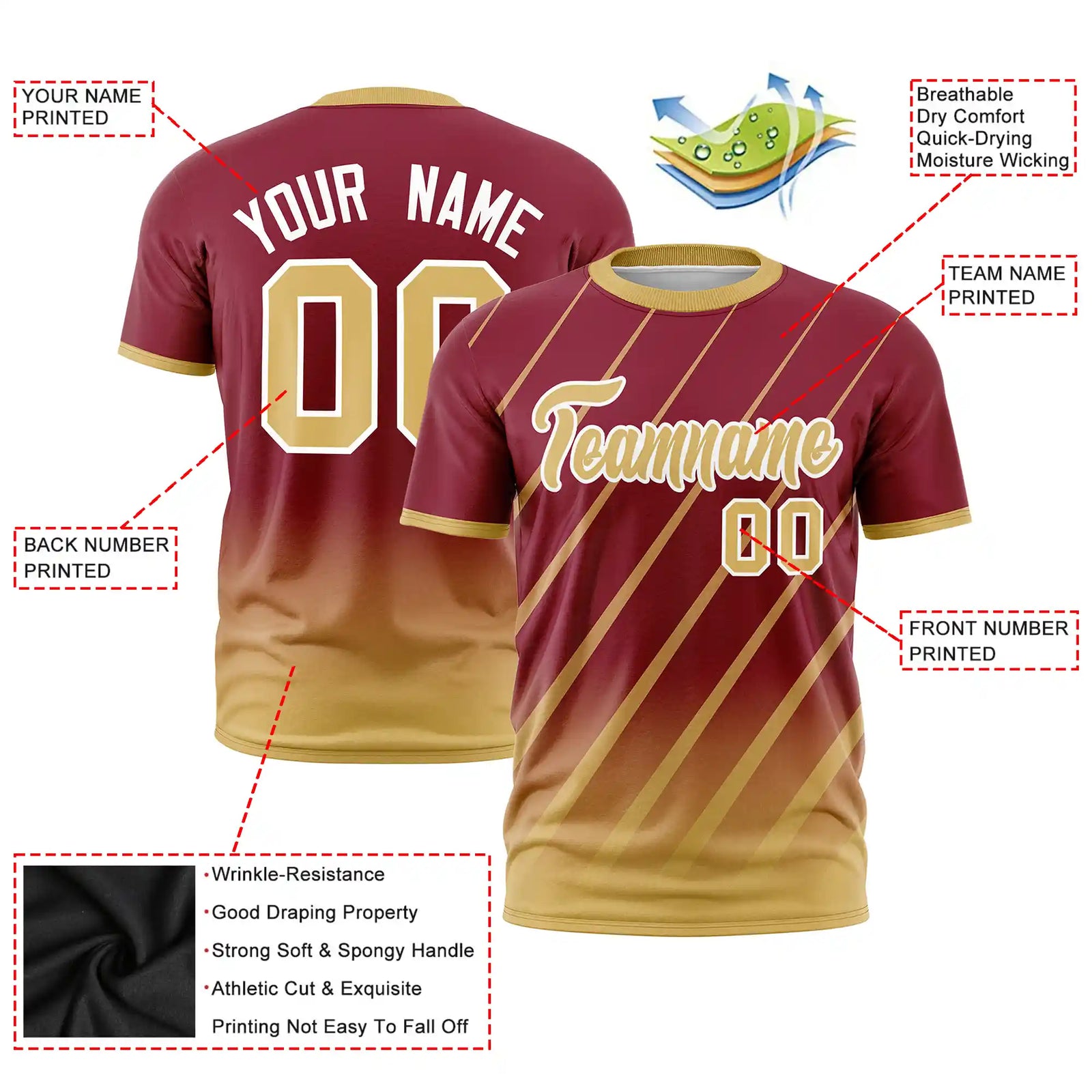 Custom Crimson-Old Gold Gradient Fashion Diagonal Stripe Performance T-Shirt