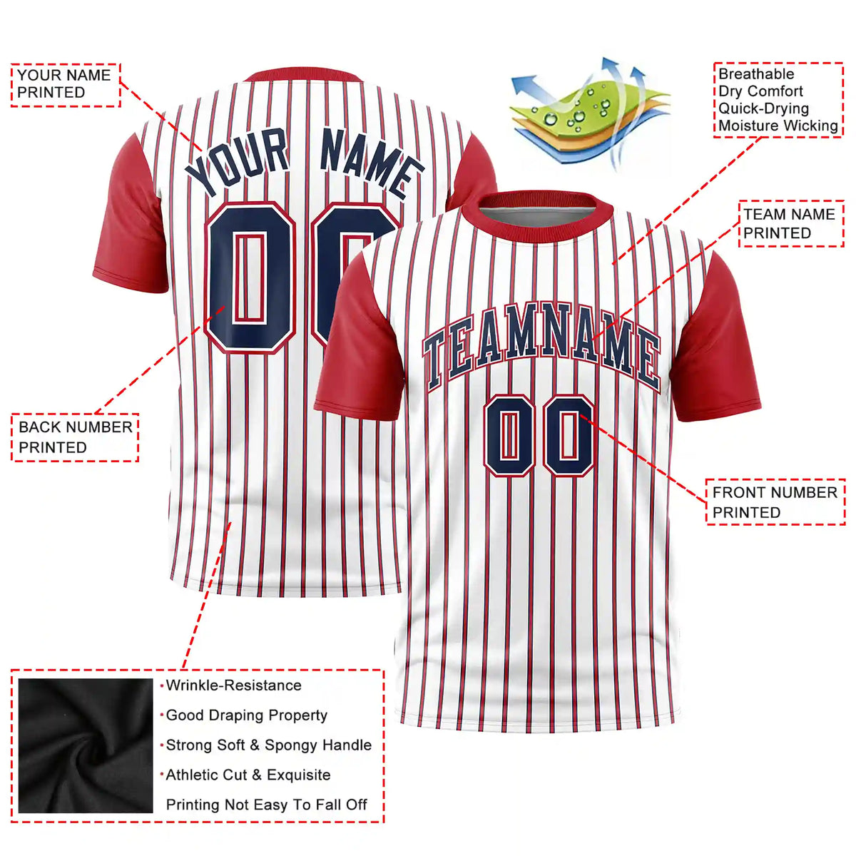 Custom White Navy-Red Pinstripe Pattern Design Performance T-Shirt