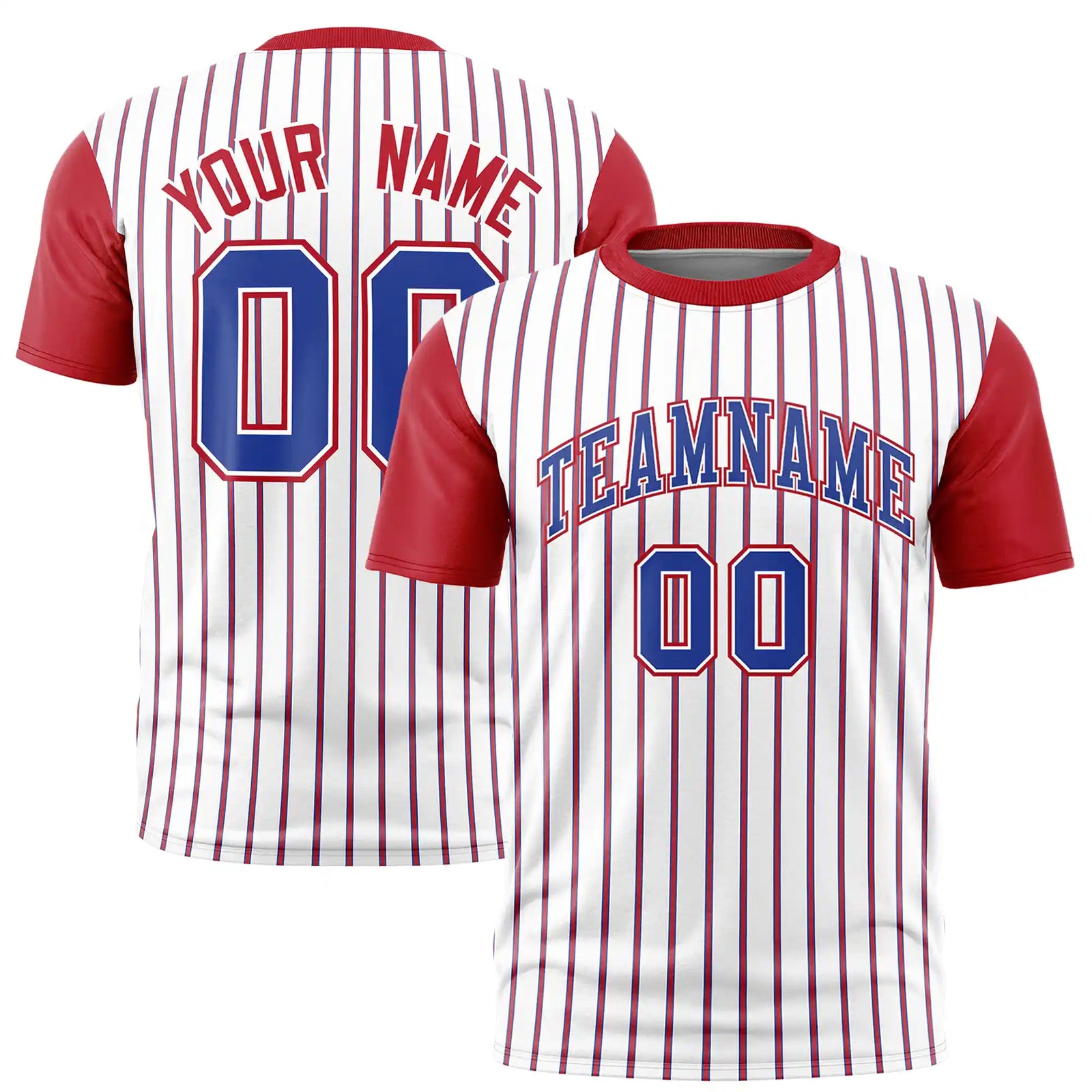 Custom White Royal Blue-Red Pinstripe Pattern Design Performance T-Shirt