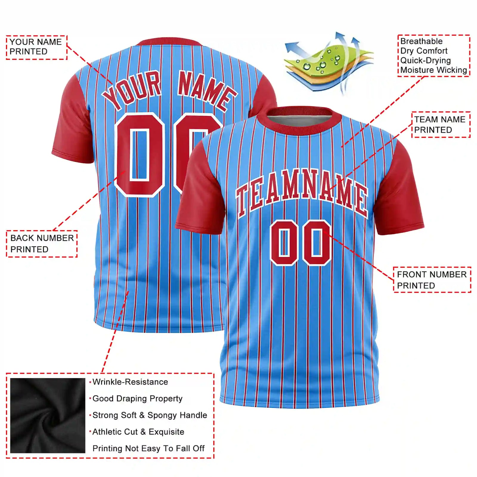 Custom Powder Blue White-Red Pinstripe Pattern Design Performance T-Shirt