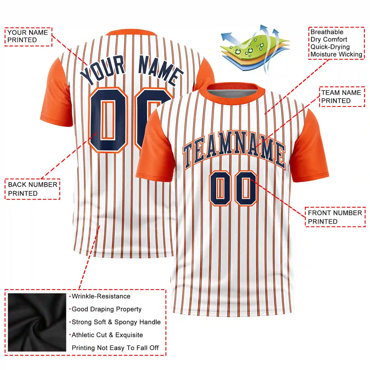 Custom White Navy-Orange Pinstripe Pattern Design Performance T-Shirt