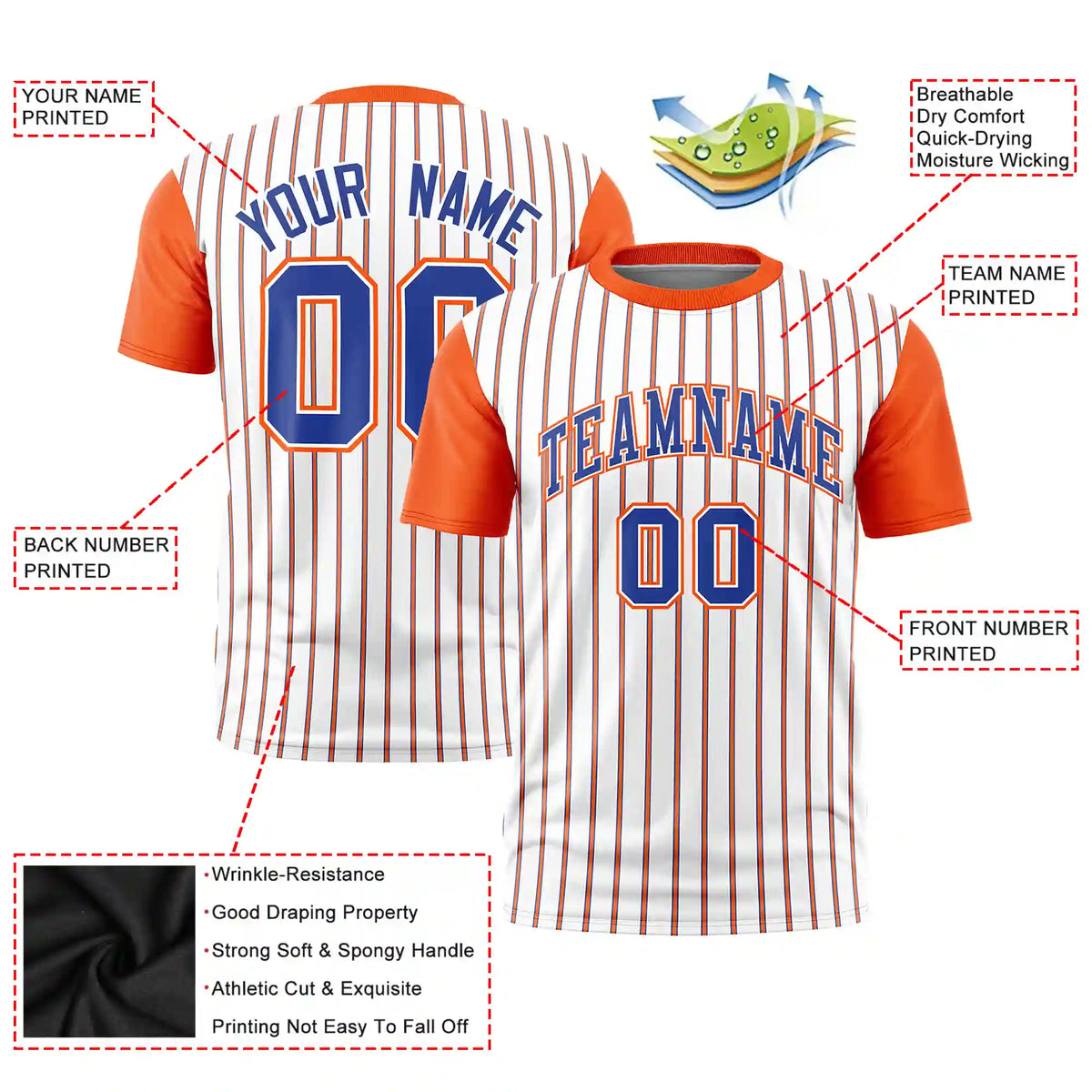 Custom White Royal Blue-Orange Pinstripe Pattern Design Performance T-Shirt