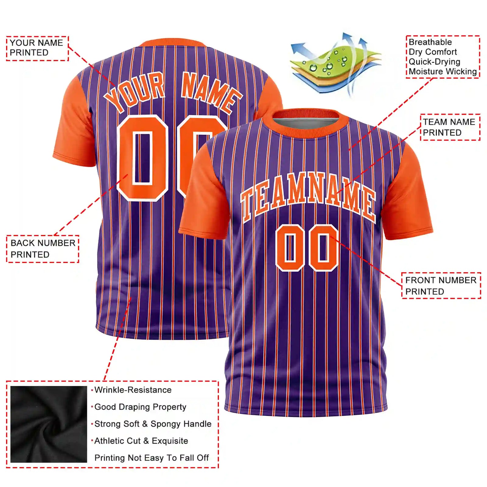 Custom Purple White-Orange Pinstripe Pattern Design Performance T-Shirt