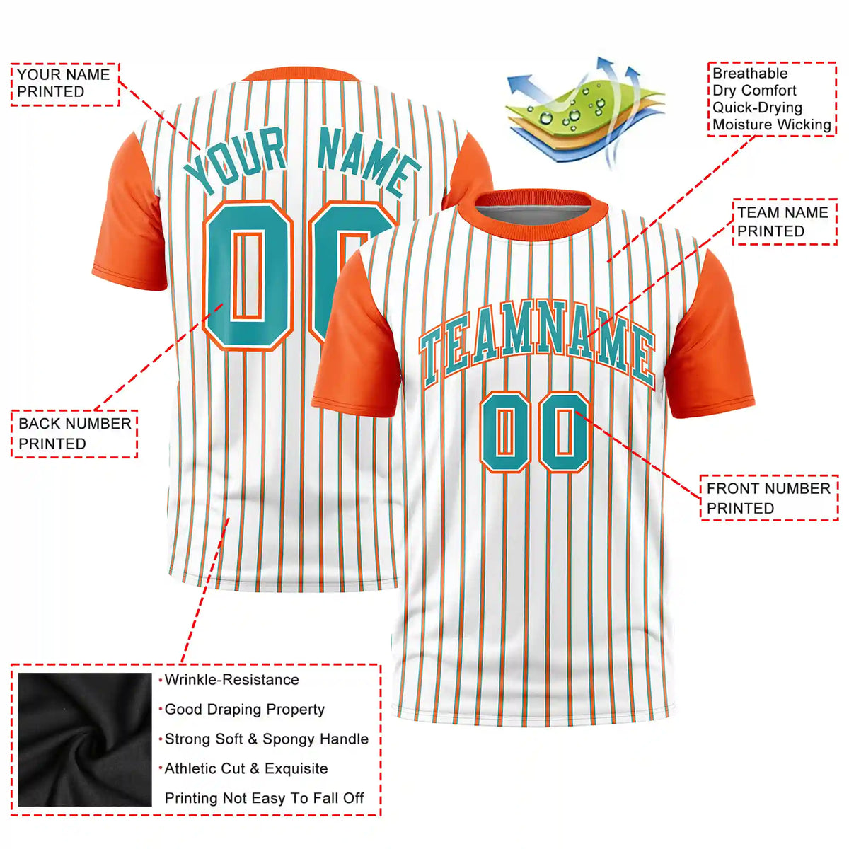 Custom White Aqua-Orange Pinstripe Pattern Design Performance T-Shirt