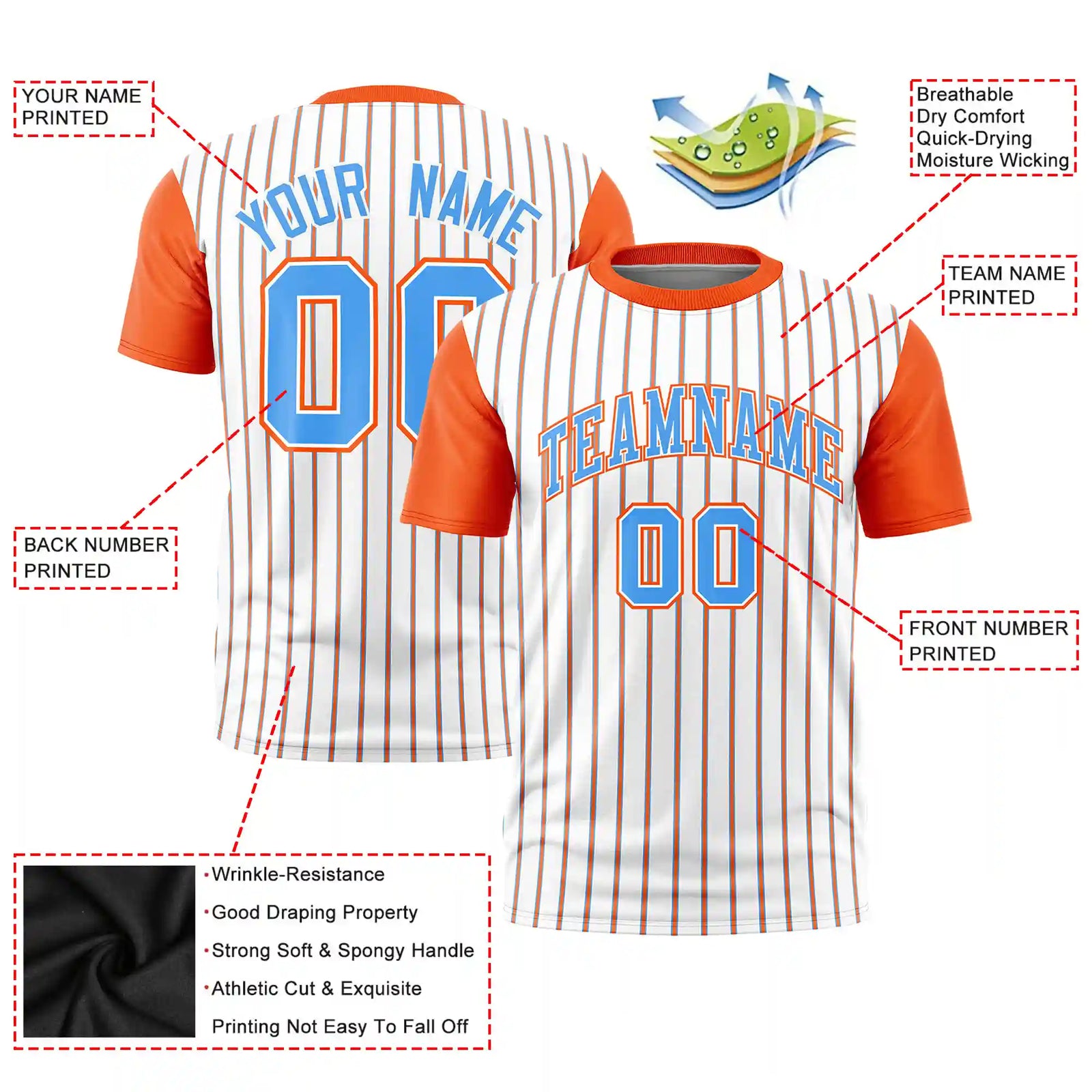 Custom White Powder Blue-Orange Pinstripe Pattern Design Performance T-Shirt