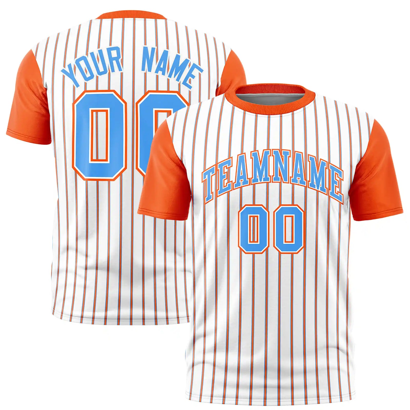 Custom White Powder Blue-Orange Pinstripe Pattern Design Performance T-Shirt