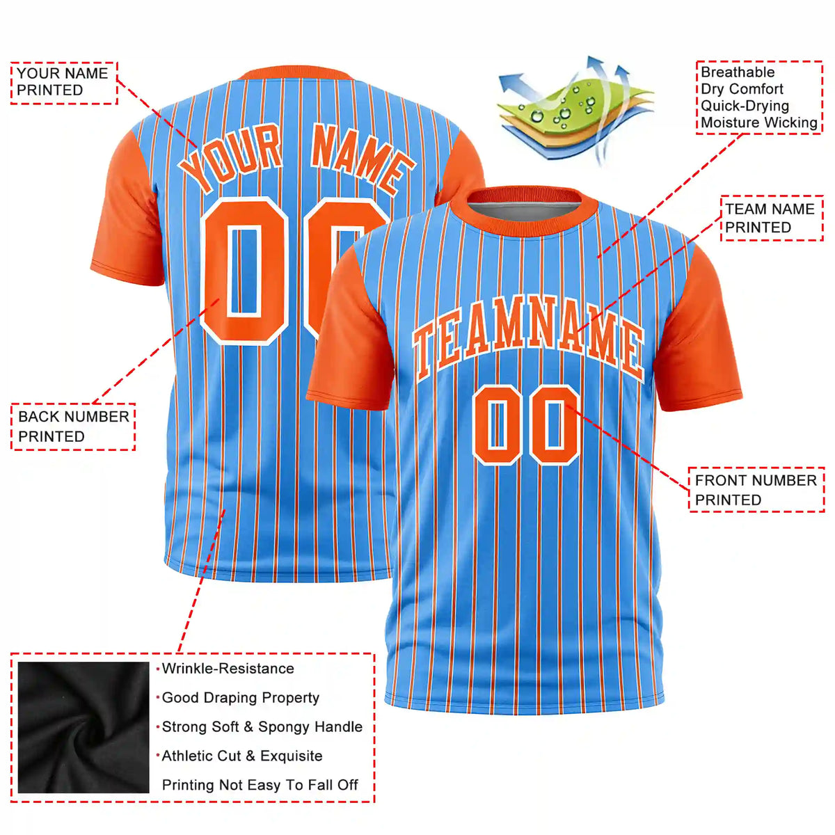 Custom Powder Blue White-Orange Pinstripe Pattern Design Performance T-Shirt