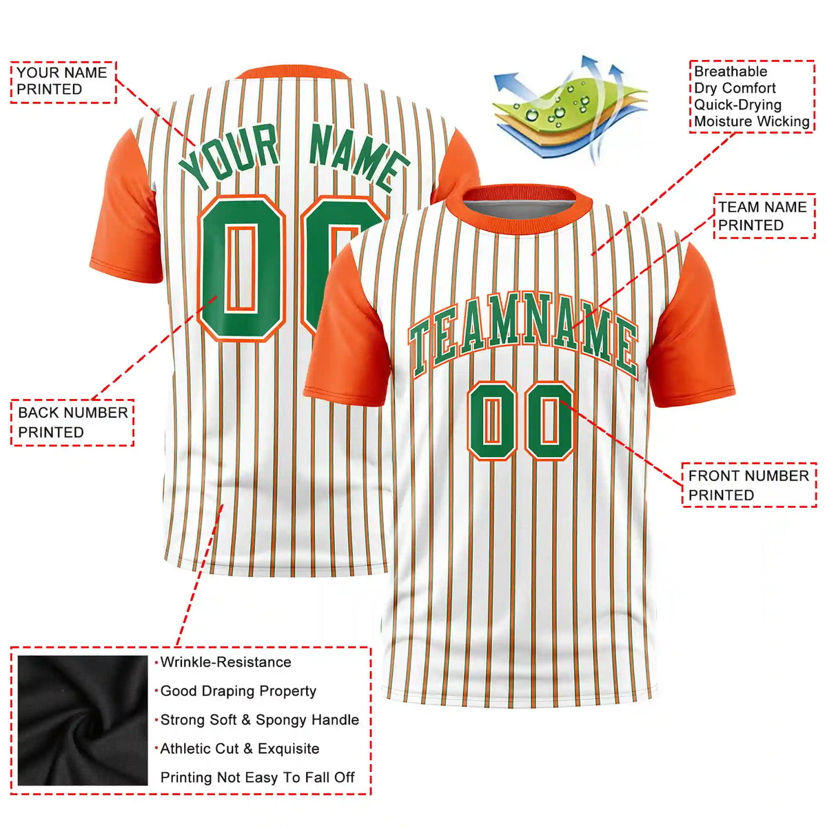 Custom White Kelly Green-Orange Pinstripe Pattern Design Performance T-Shirt