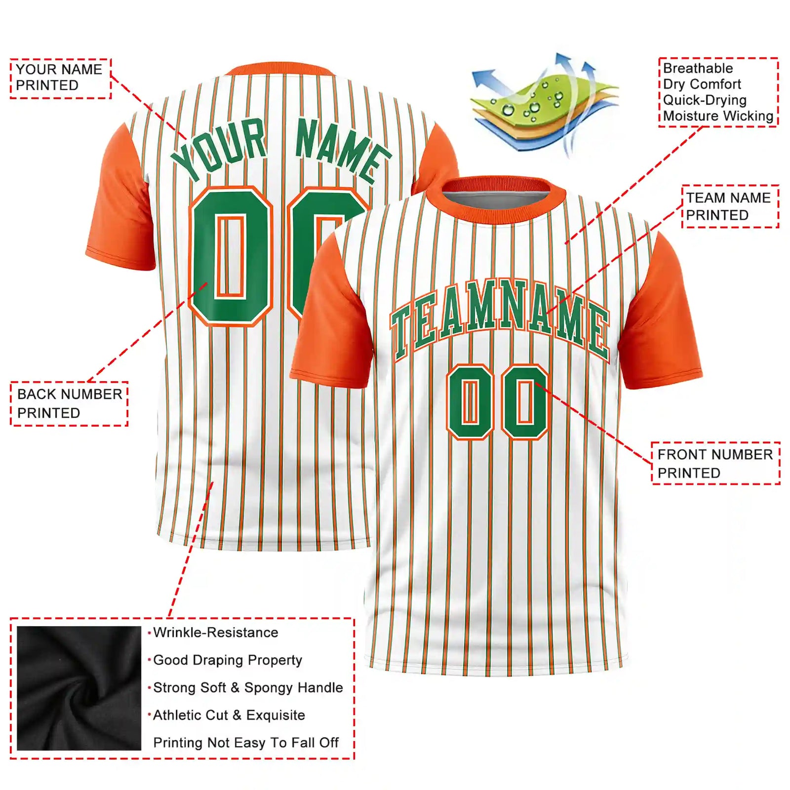 Custom White Kelly Green-Orange Pinstripe Pattern Design Performance T-Shirt
