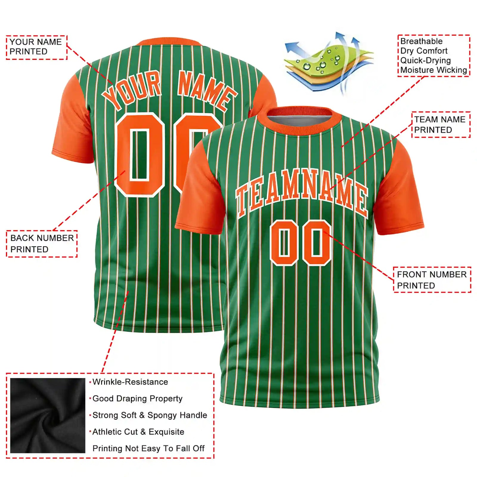 Custom Kelly Green White-Orange Pinstripe Pattern Design Performance T-Shirt