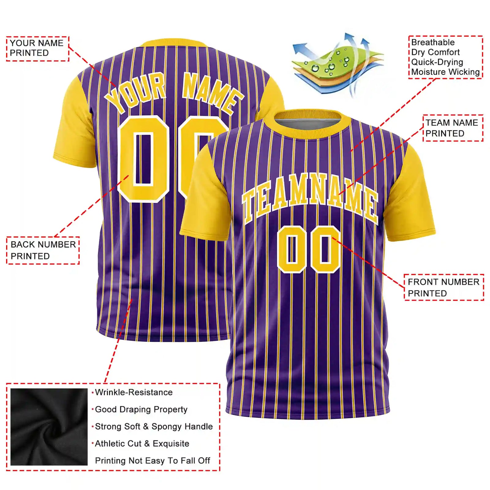 Custom Purple White-Gold01 Pinstripe Pattern Design Performance T-Shirt