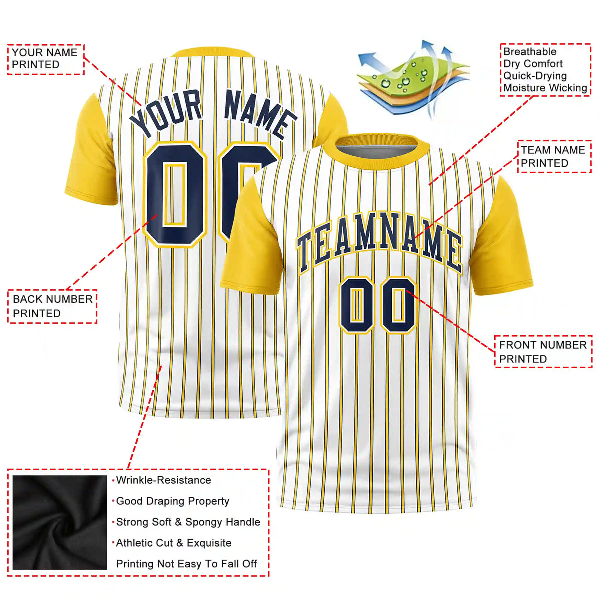 Custom White Navy-Gold01 Pinstripe Pattern Design Performance T-Shirt