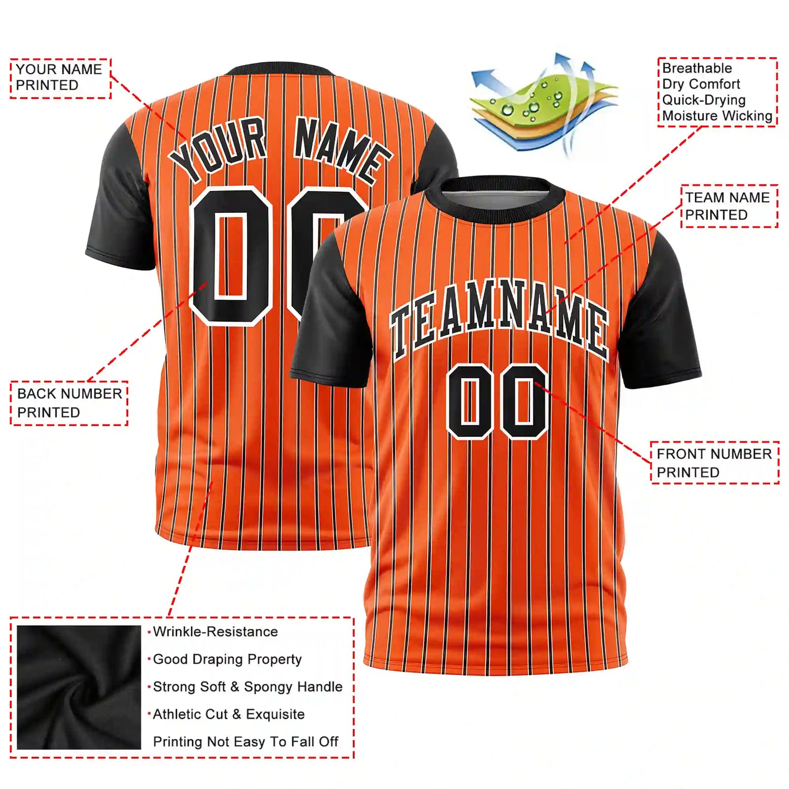 Custom Orange White-Black Pinstripe Pattern Design Performance T-Shirt
