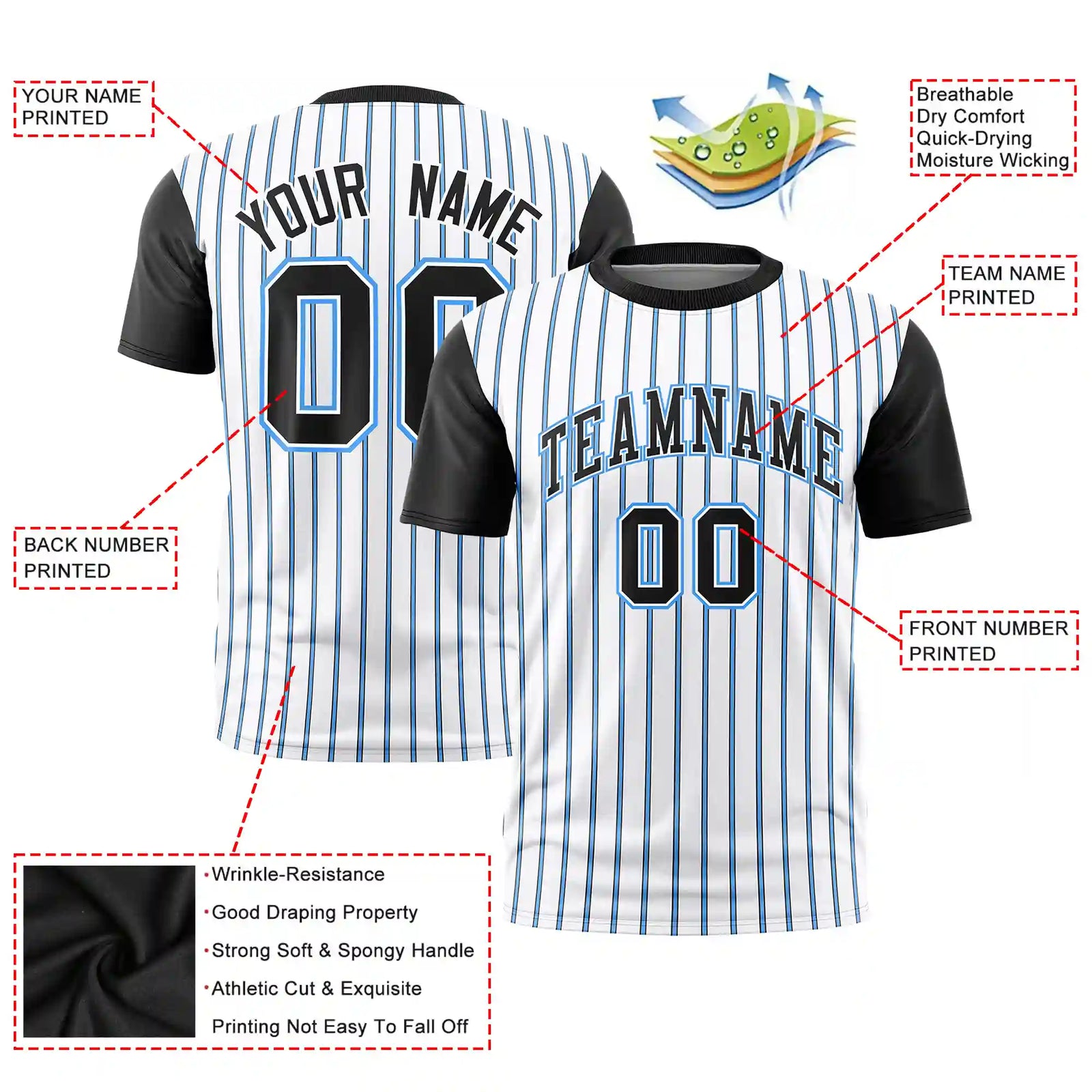 Custom White Powder Blue-Black Pinstripe Pattern Design Performance T-Shirt