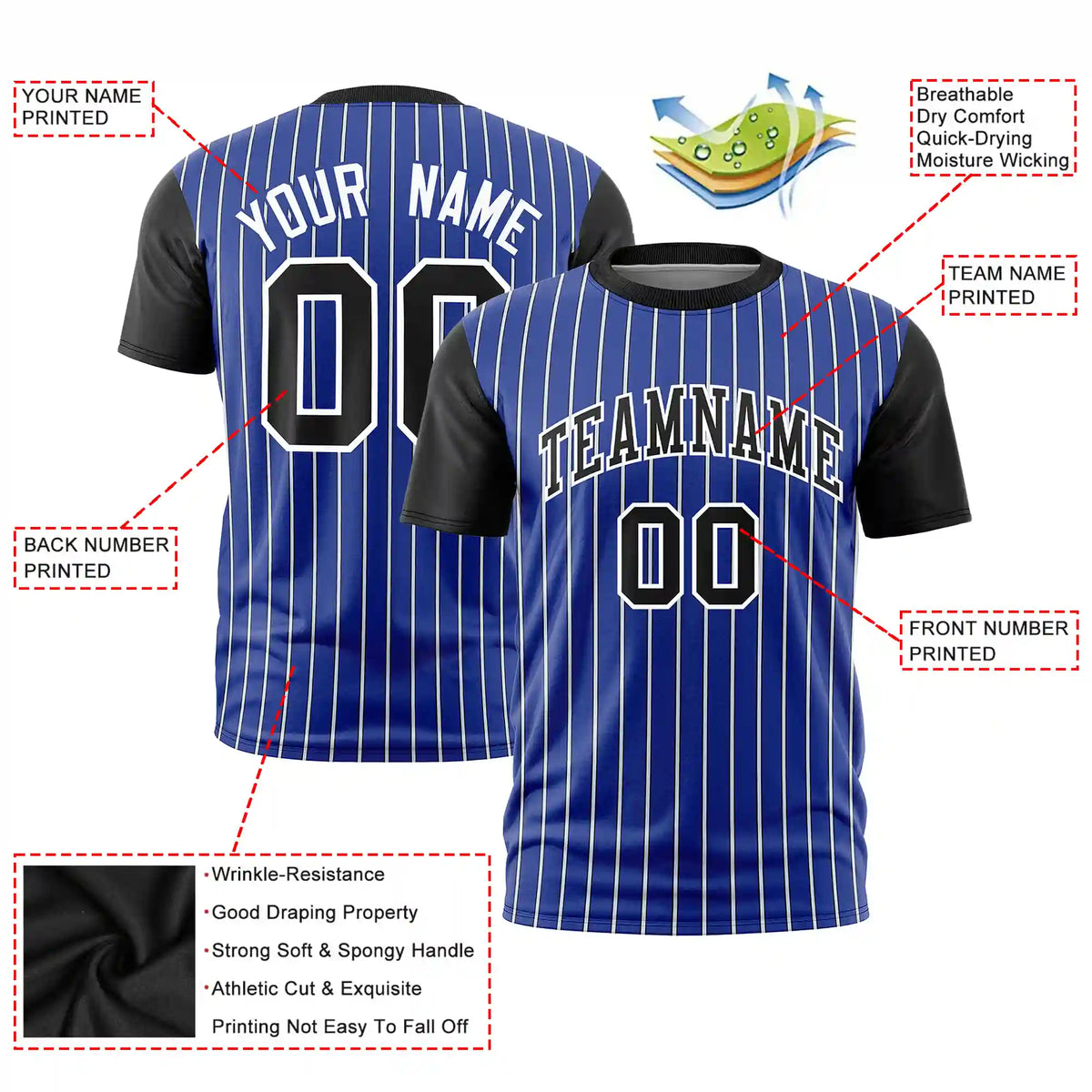 Custom Royal Blue White-Black Pinstripe Pattern Design Performance T-Shirt