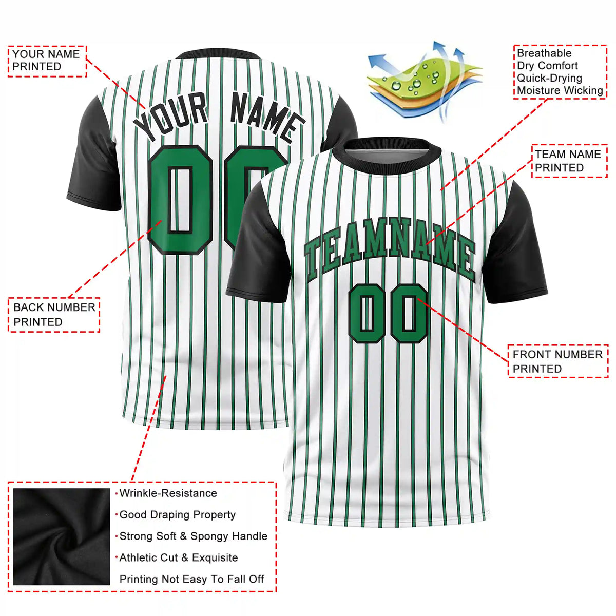 Custom White Kelly Green-Black Pinstripe Pattern Design Performance T-Shirt
