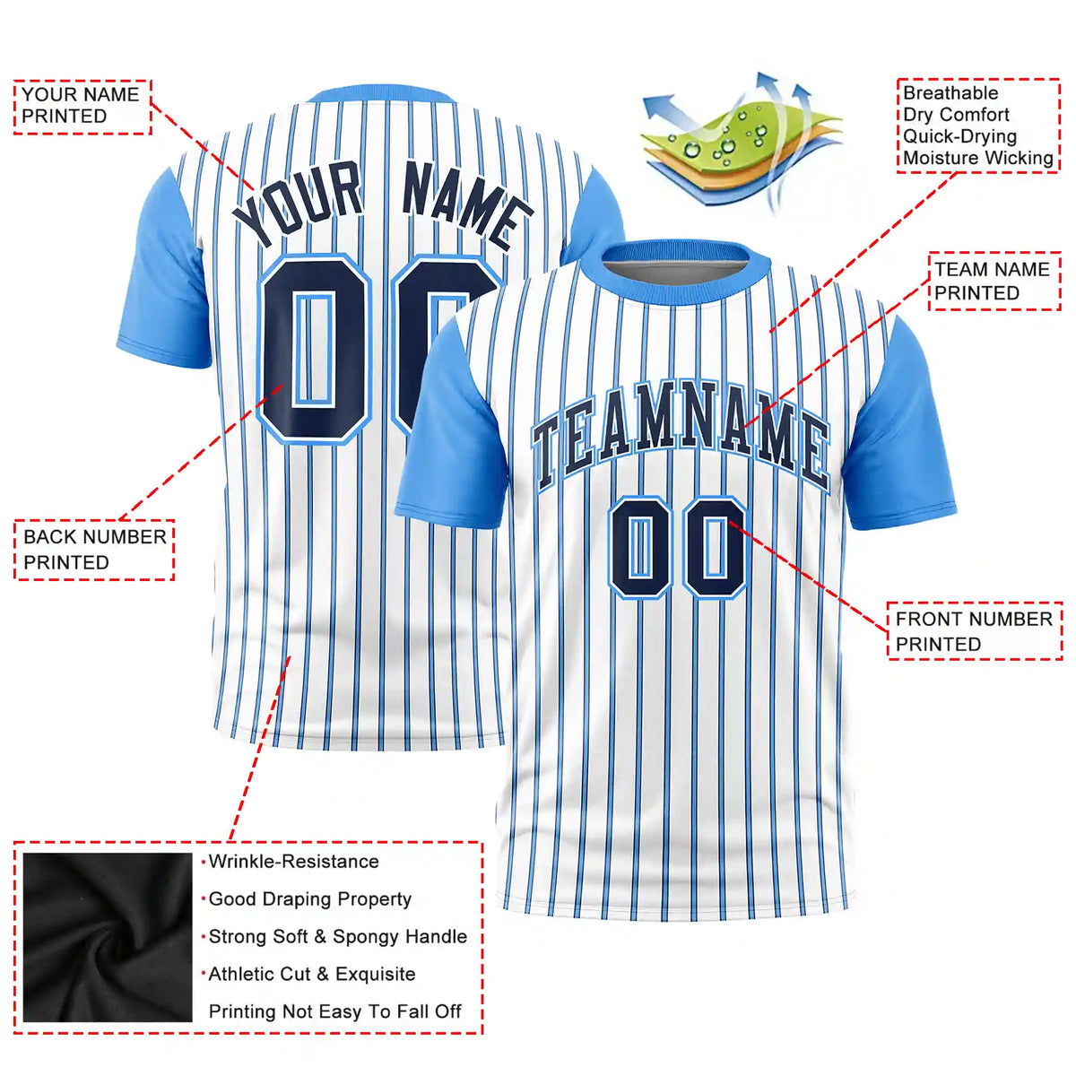 Custom White Navy-Powder Blue Pinstripe Pattern Design Performance T-Shirt
