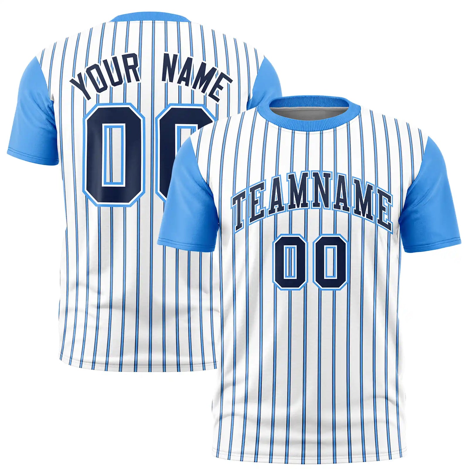 Custom White Navy-Powder Blue Pinstripe Pattern Design Performance T-Shirt