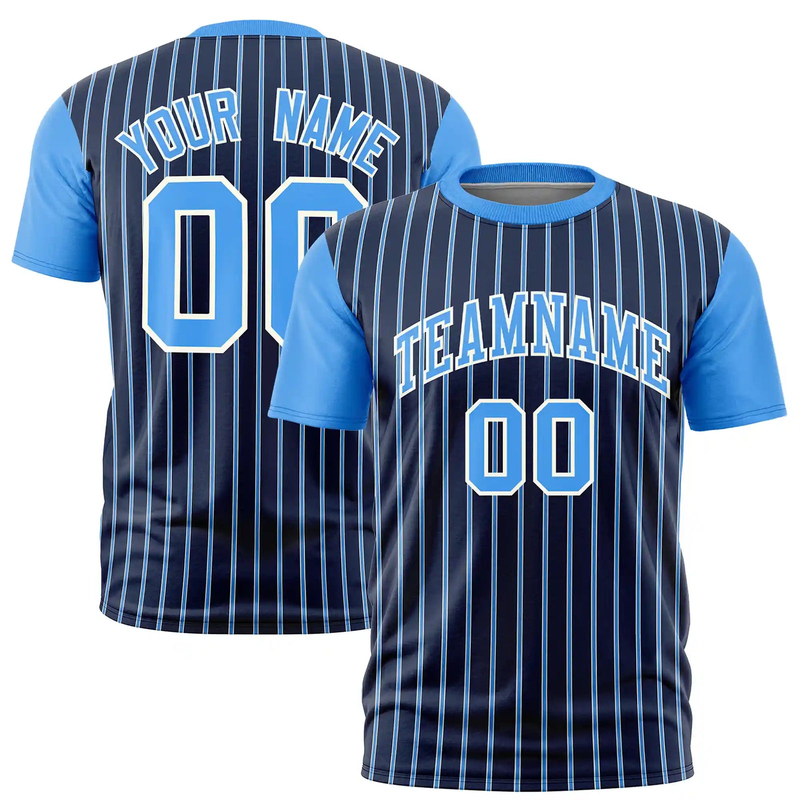 Custom Navy White-Powder Blue Pinstripe Pattern Design Performance T-Shirt