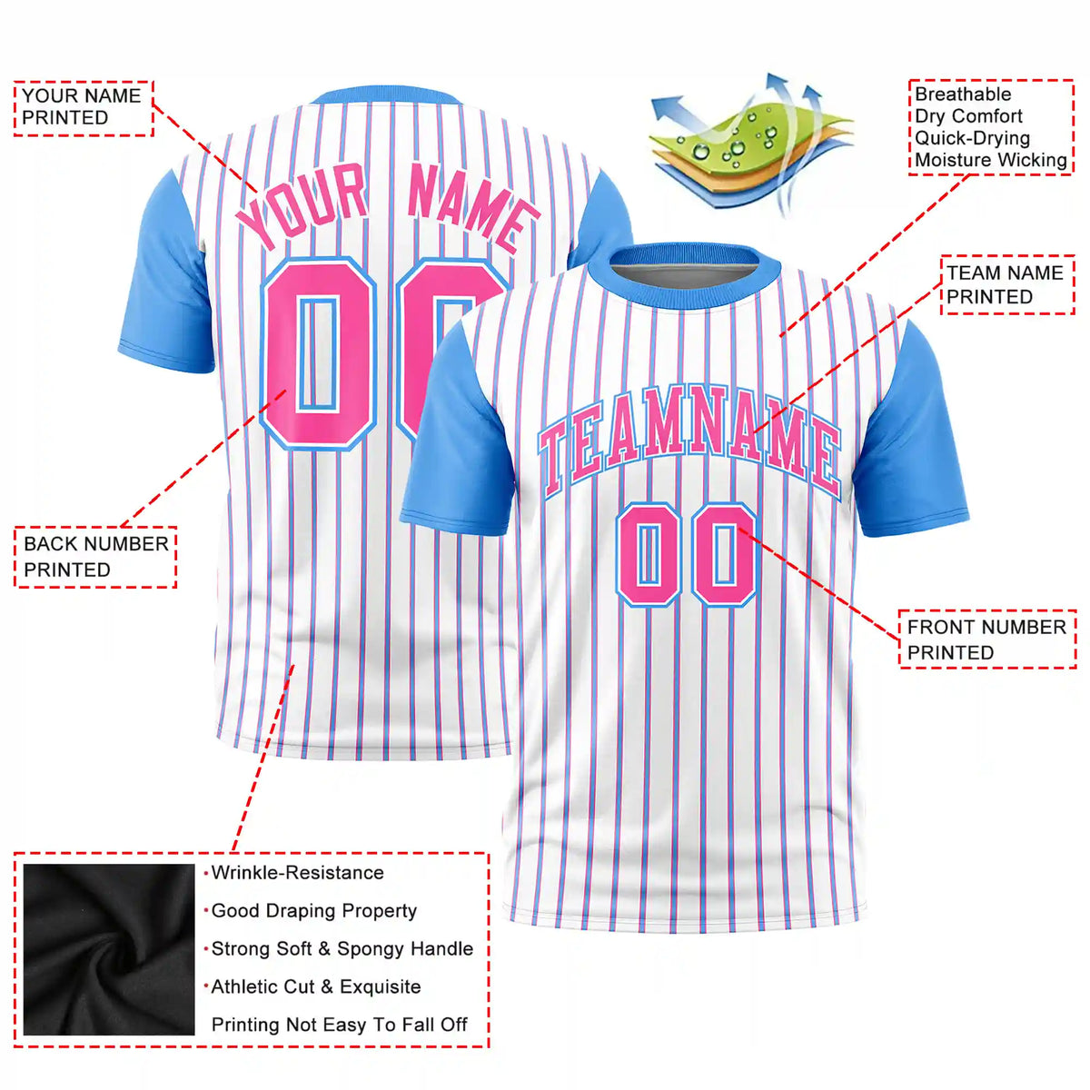 Custom White Pink-Powder Blue Pinstripe Pattern Design Performance T-Shirt