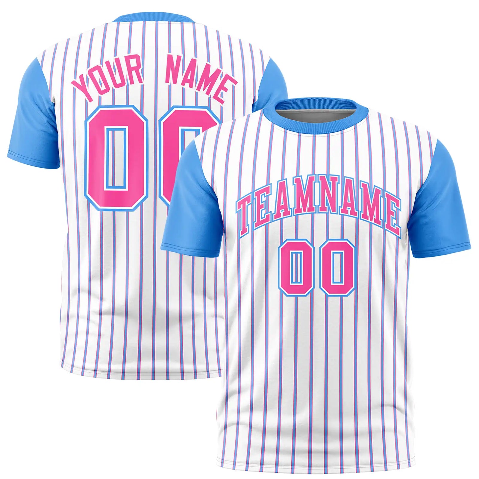 Custom White Pink-Powder Blue Pinstripe Pattern Design Performance T-Shirt