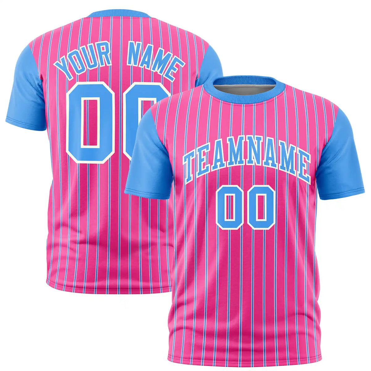 Custom Pink White-Powder Blue Pinstripe Pattern Design Performance T-Shirt