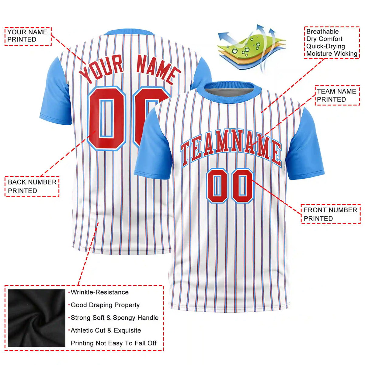 Custom White Red-Powder Blue Pinstripe Pattern Design Performance T-Shirt