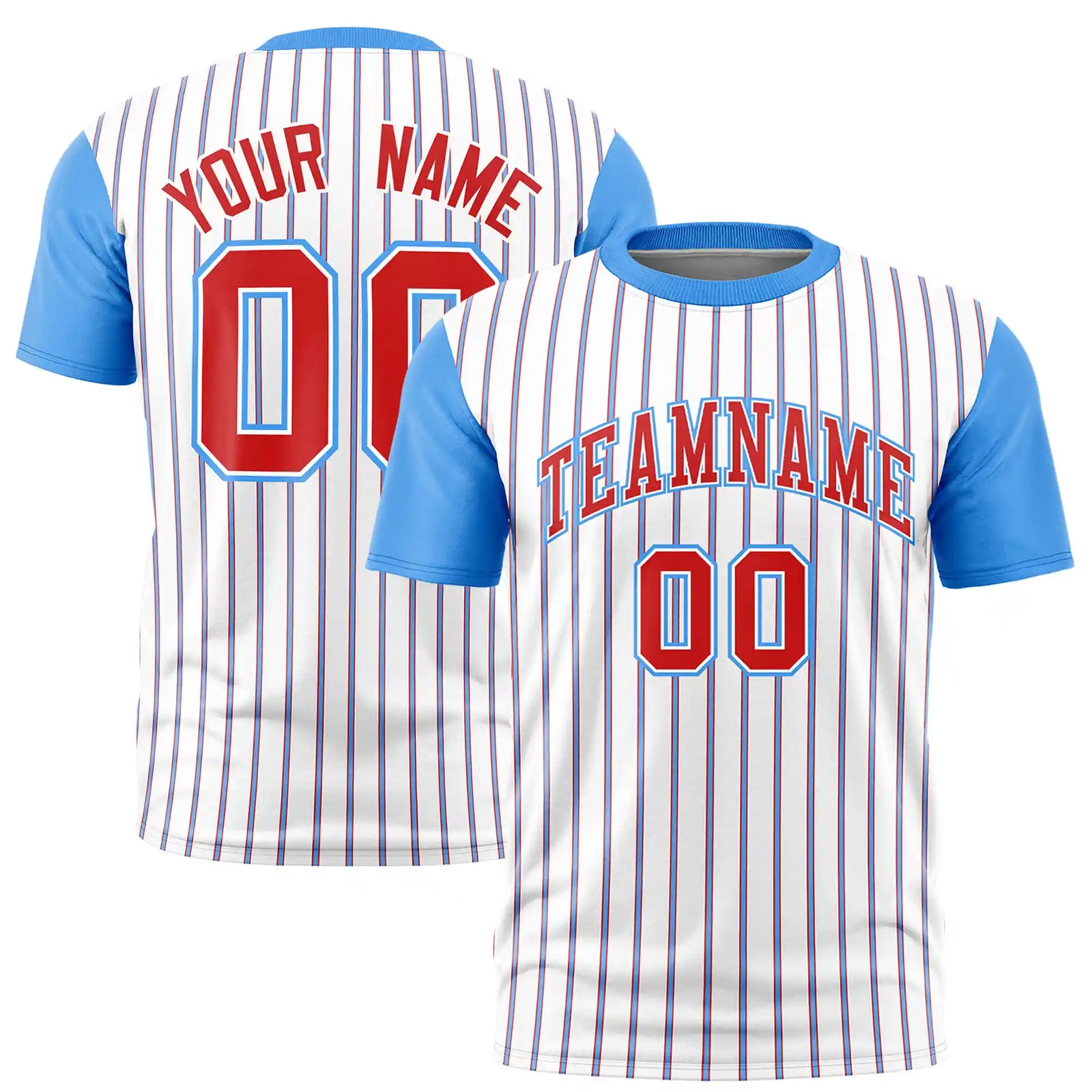 Custom White Red-Powder Blue Pinstripe Pattern Design Performance T-Shirt