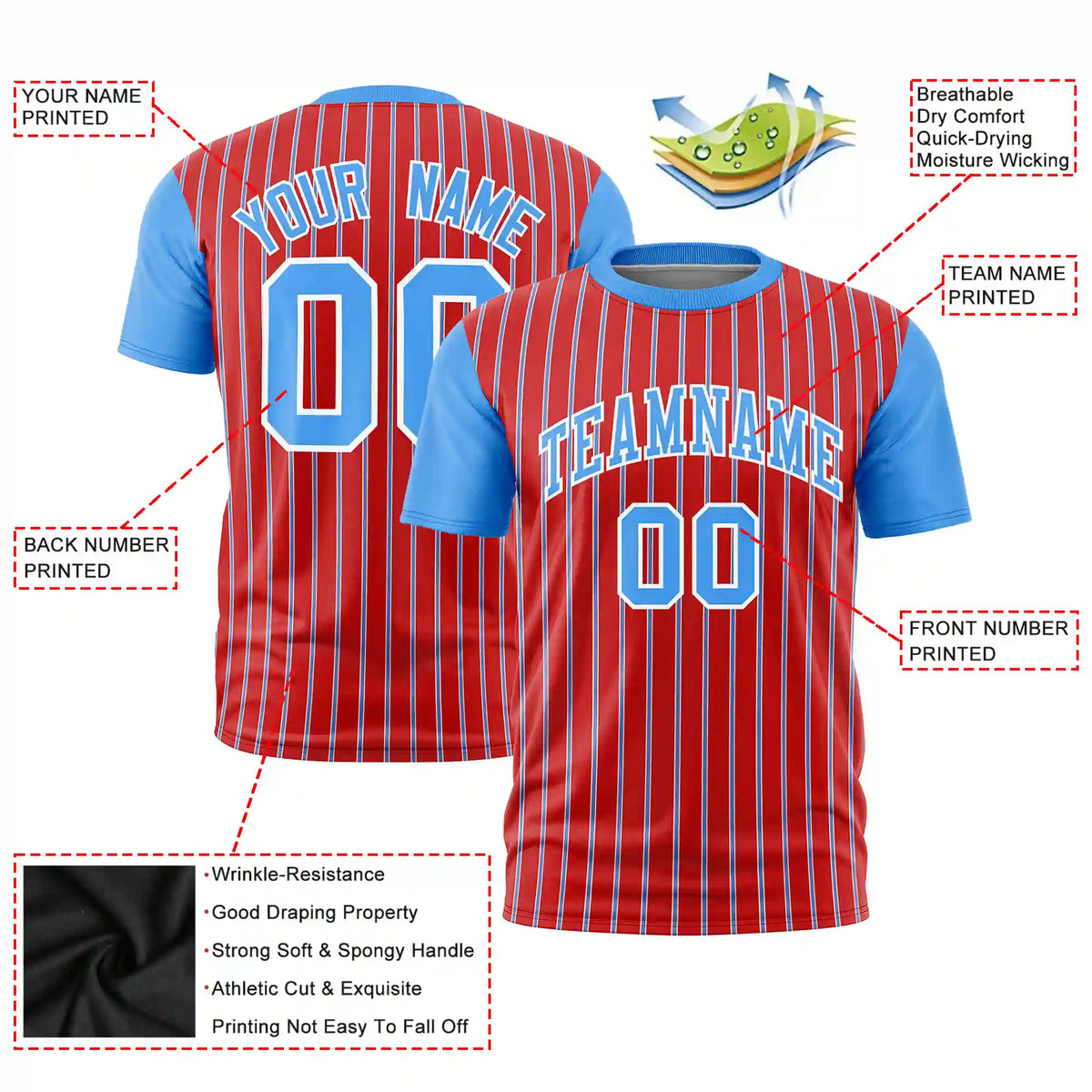 Custom Red White-Powder Blue Pinstripe Pattern Design Performance T-Shirt