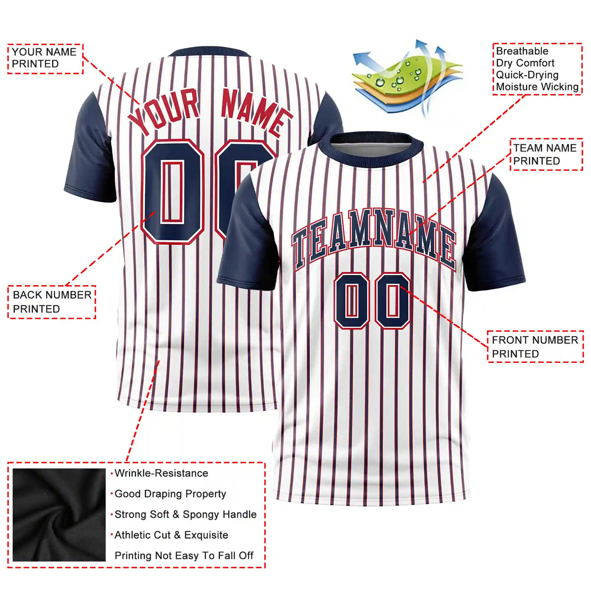 Custom White Red-Navy Pinstripe Pattern Design Performance T-Shirt