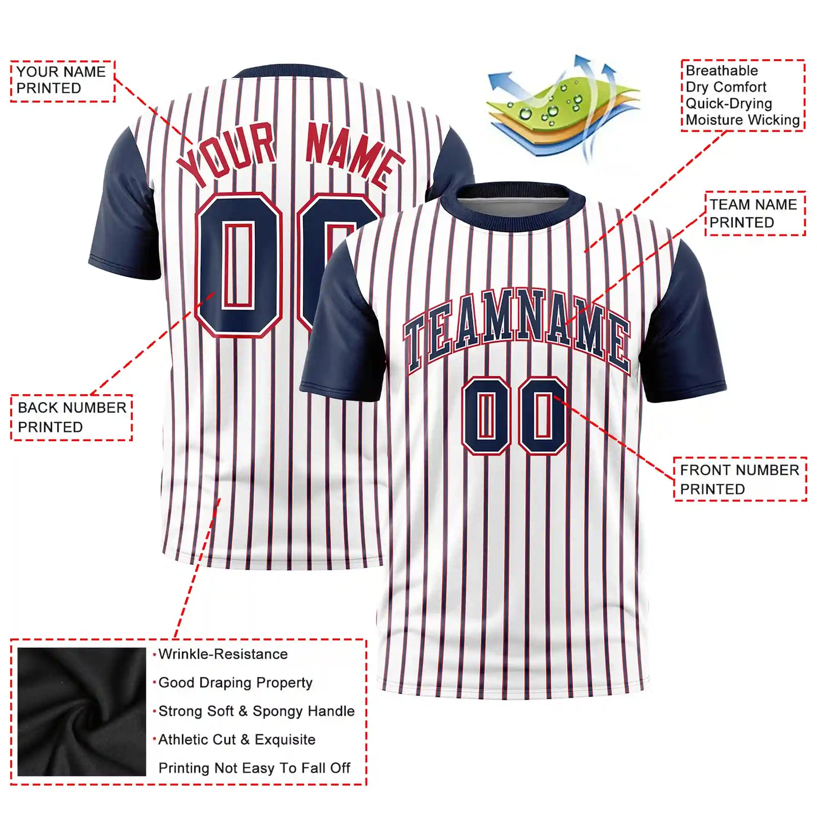 Custom White Red-Navy Pinstripe Pattern Design Performance T-Shirt