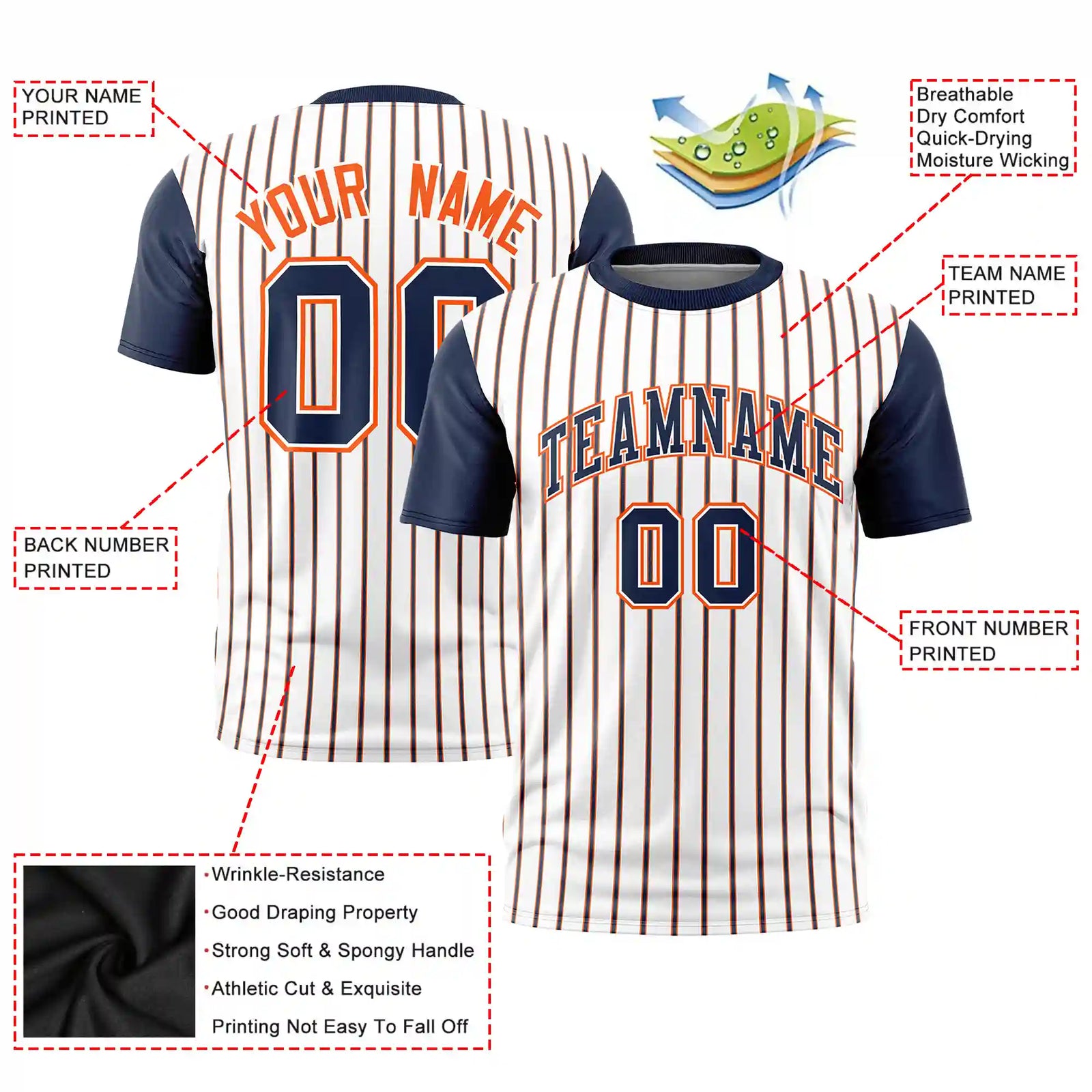 Custom White Orange-Navy Pinstripe Pattern Design Performance T-Shirt