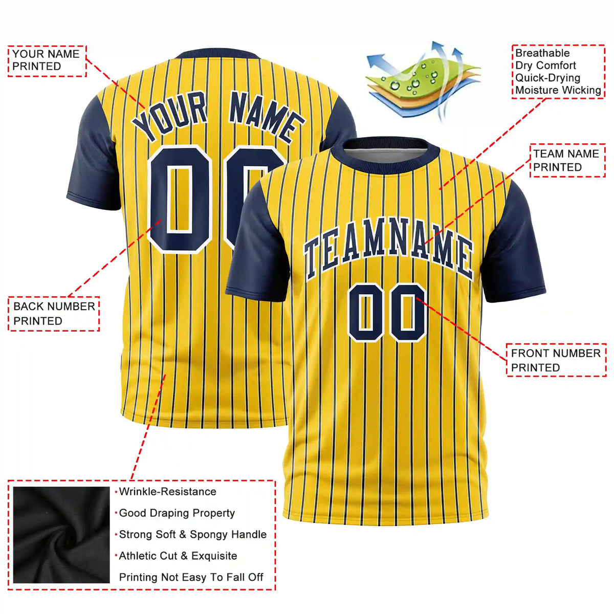 Custom Gold01 White-Navy Pinstripe Pattern Design Performance T-Shirt