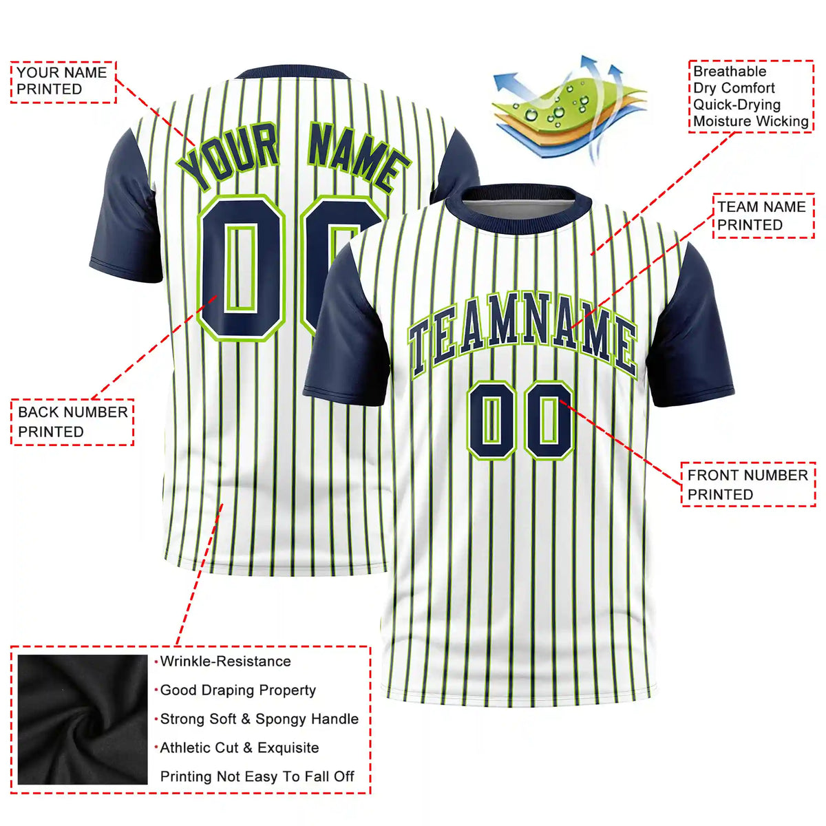 Custom White Neon Green-Navy Pinstripe Pattern Design Performance T-Shirt