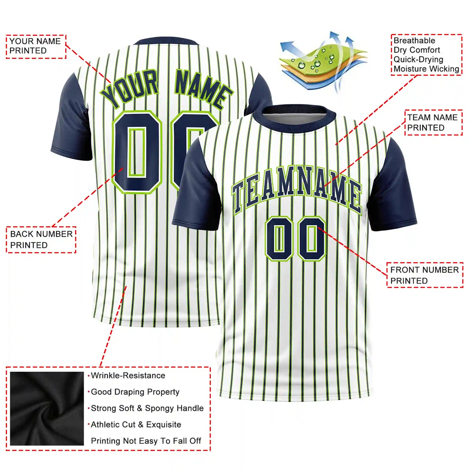 Custom White Neon Green-Navy Pinstripe Pattern Design Performance T-Shirt