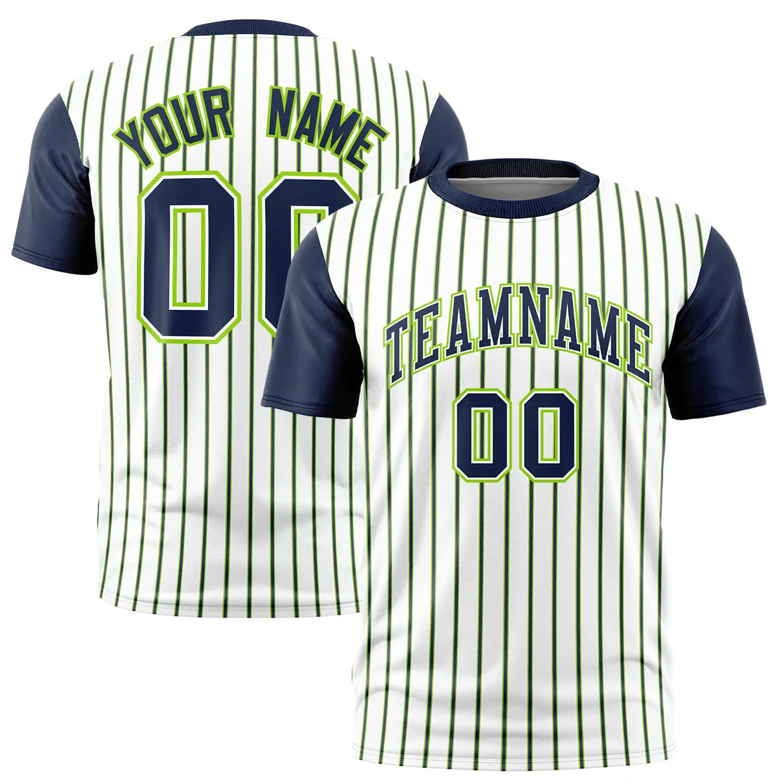 Custom White Neon Green-Navy Pinstripe Pattern Design Performance T-Shirt