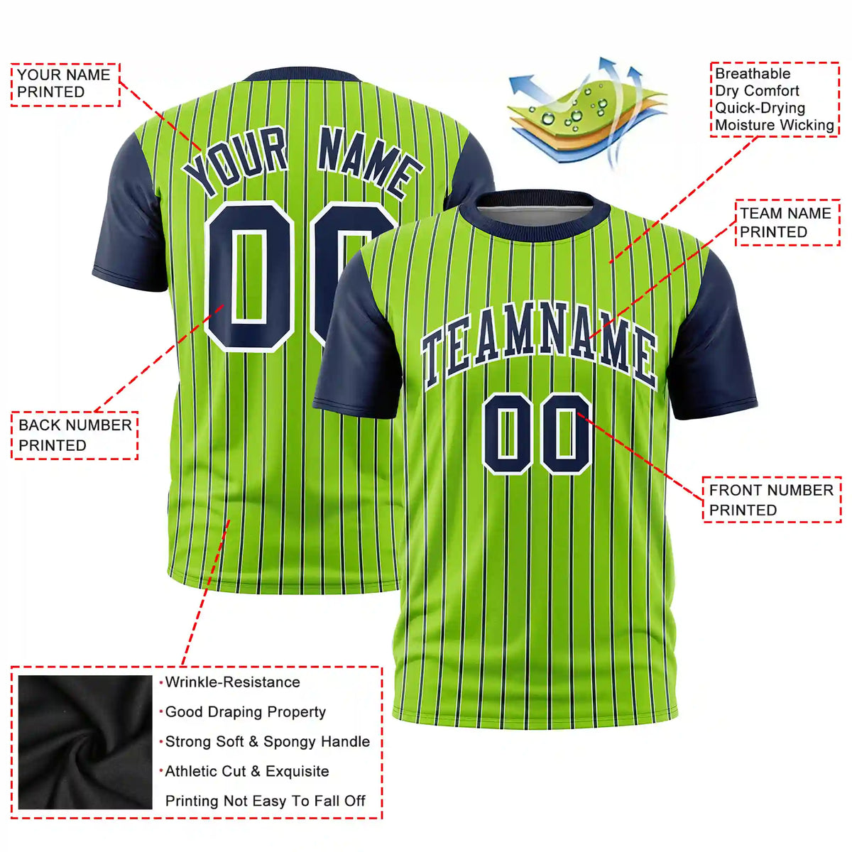 Custom Neon Green White-Navy Pinstripe Pattern Design Performance T-Shirt
