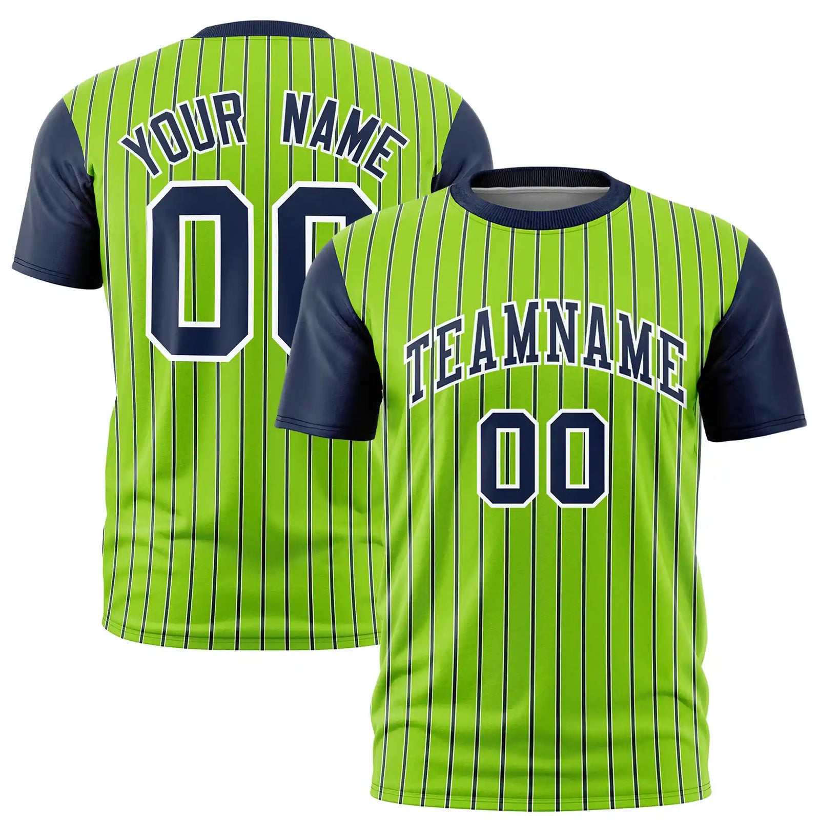 Custom Neon Green White-Navy Pinstripe Pattern Design Performance T-Shirt