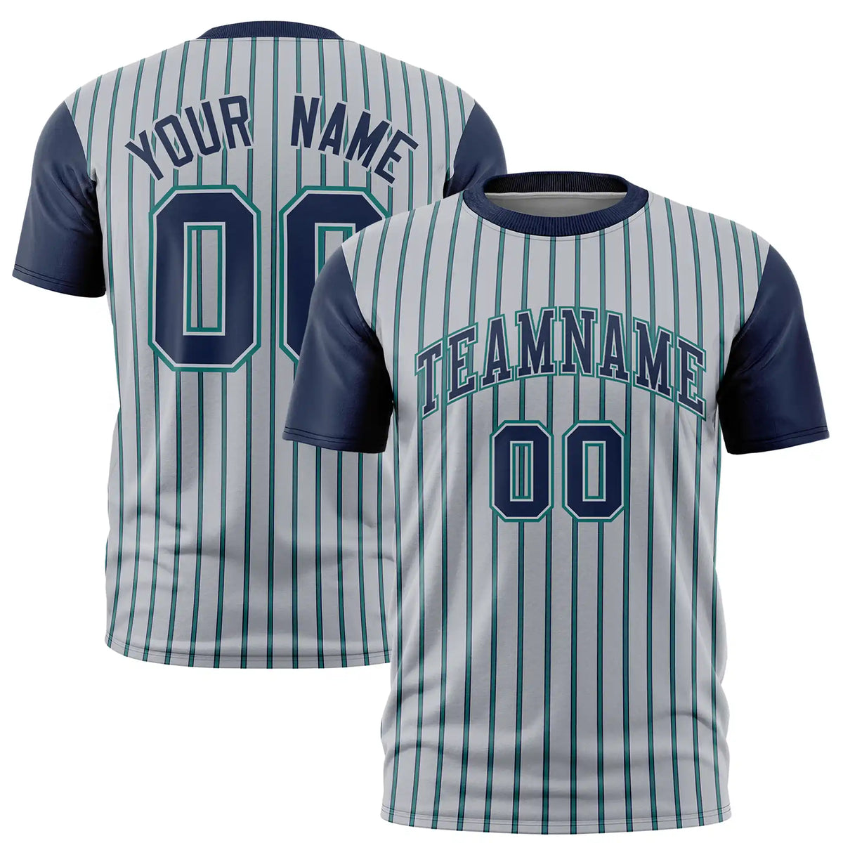 Custom Gray Aqua-Navy Pinstripe Pattern Design Performance T-Shirt