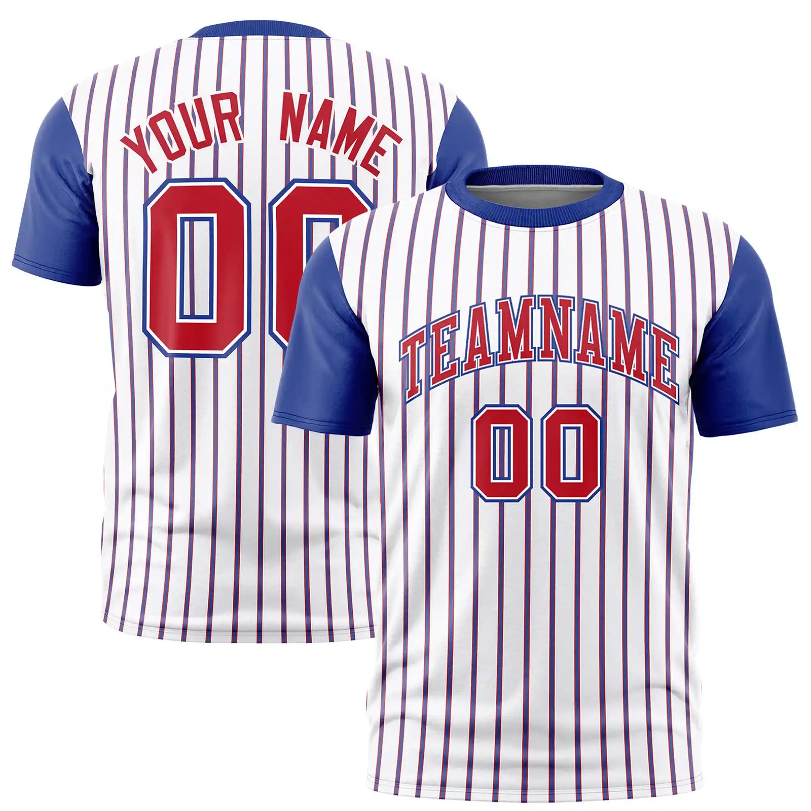 Custom White Red-Royal Blue Pinstripe Pattern Design Performance T-Shirt