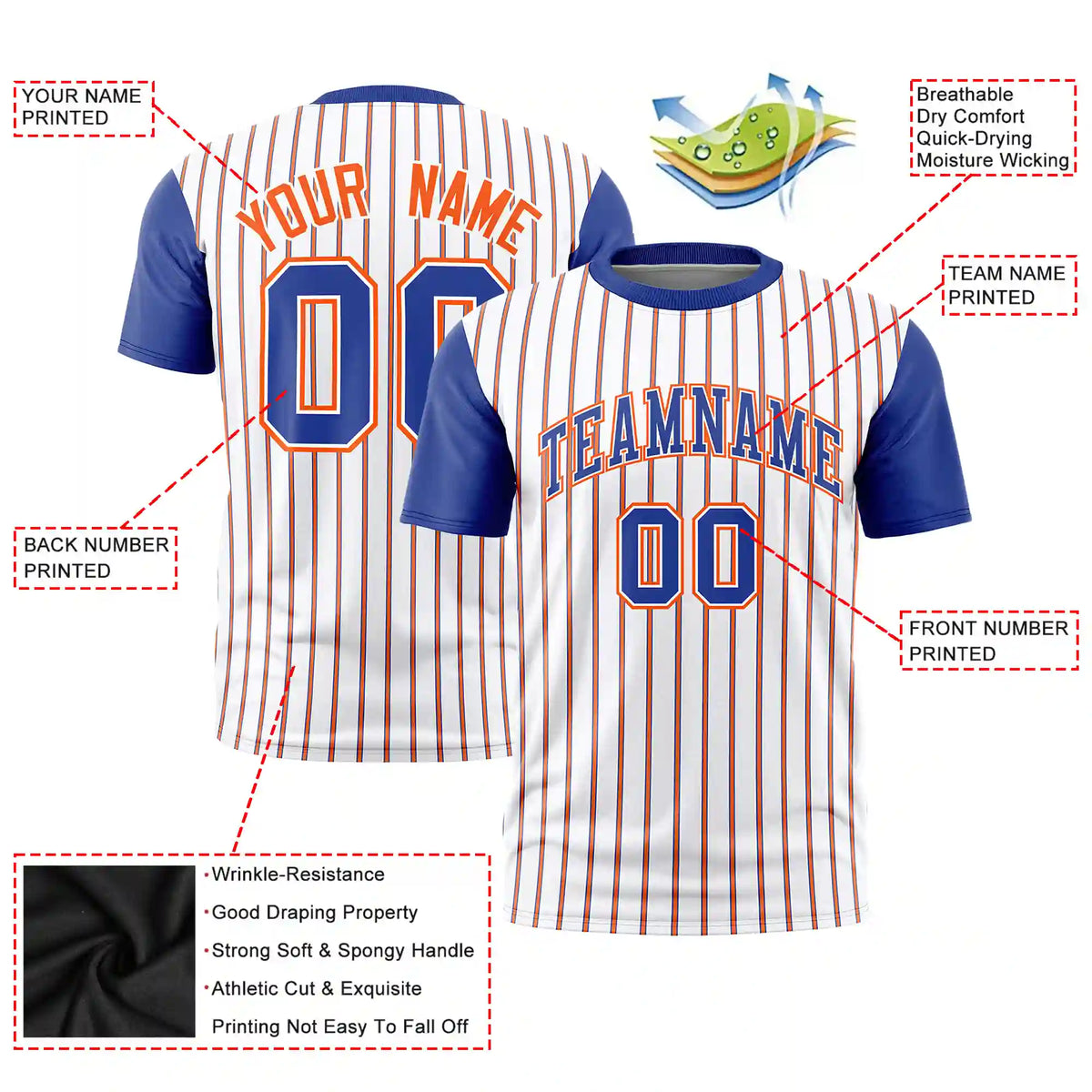 Custom White Orange-Royal Blue Pinstripe Pattern Design Performance T-Shirt