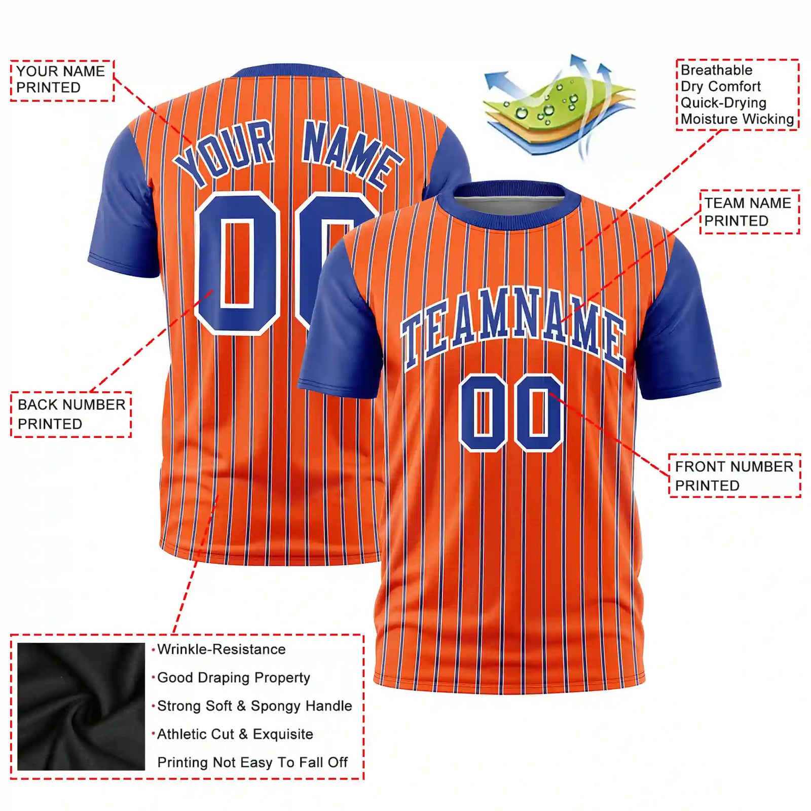Custom Orange White-Royal Blue Pinstripe Pattern Design Performance T-Shirt
