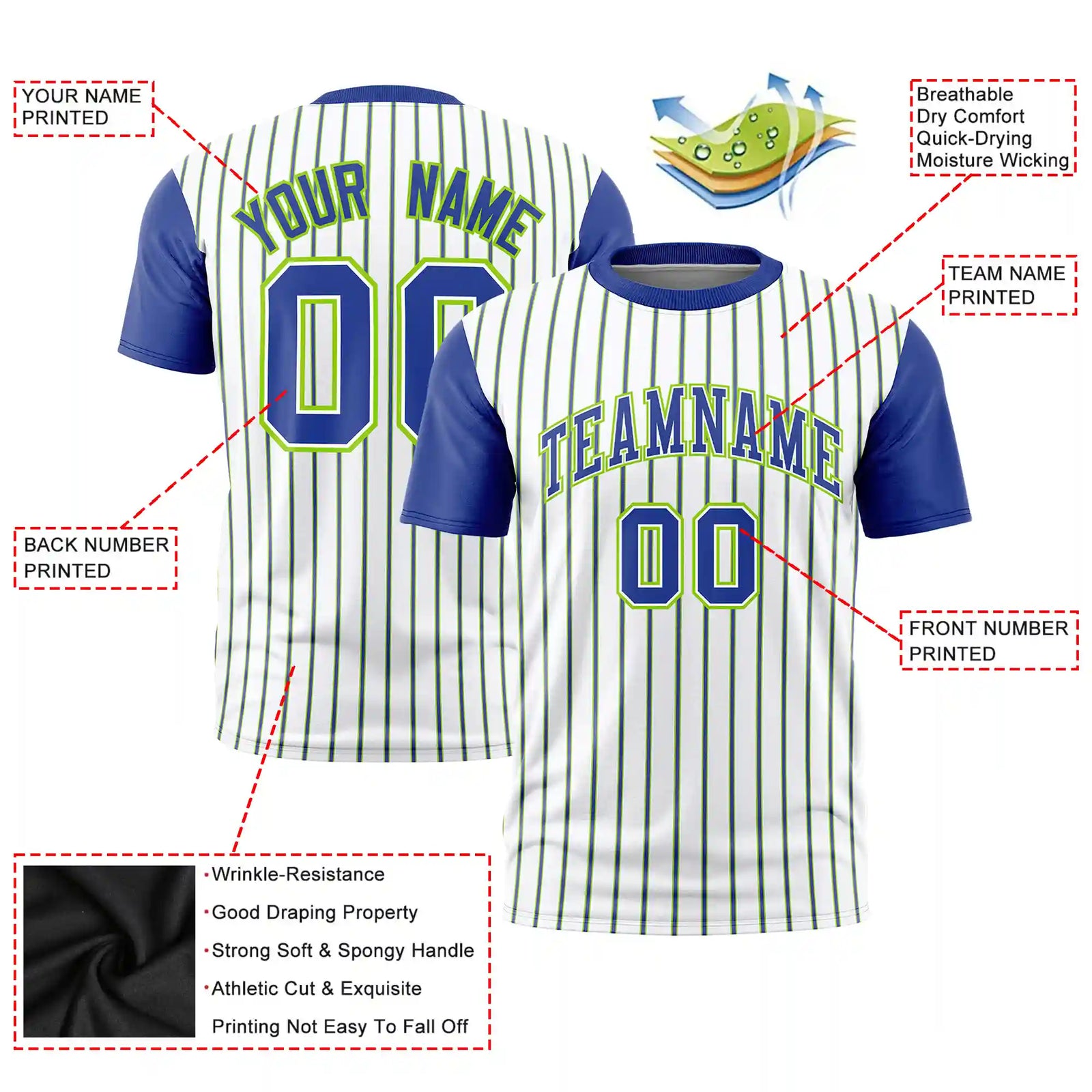 Custom White Neon Green-Royal Blue Pinstripe Pattern Design Performance T-Shirt
