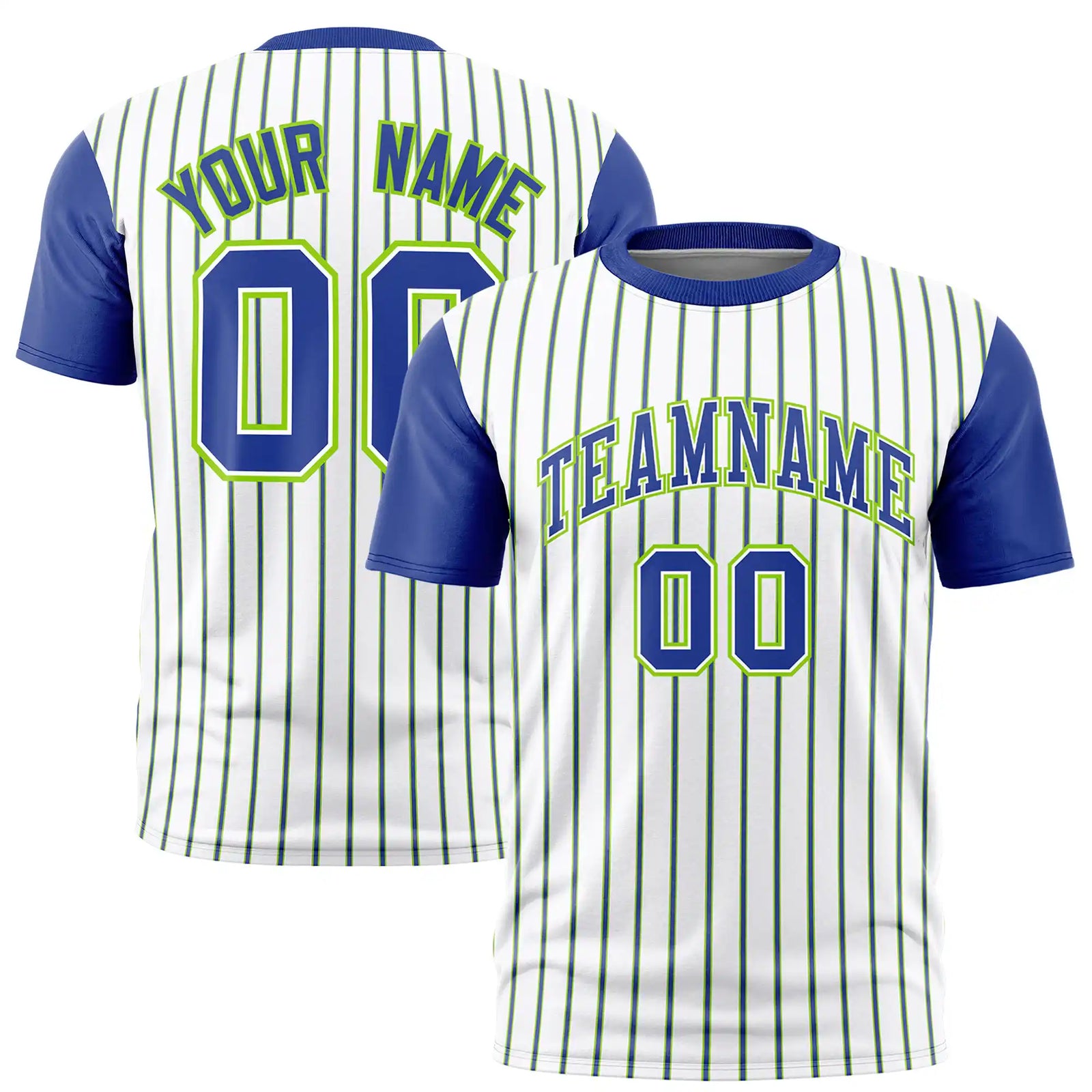 Custom White Neon Green-Royal Blue Pinstripe Pattern Design Performance T-Shirt