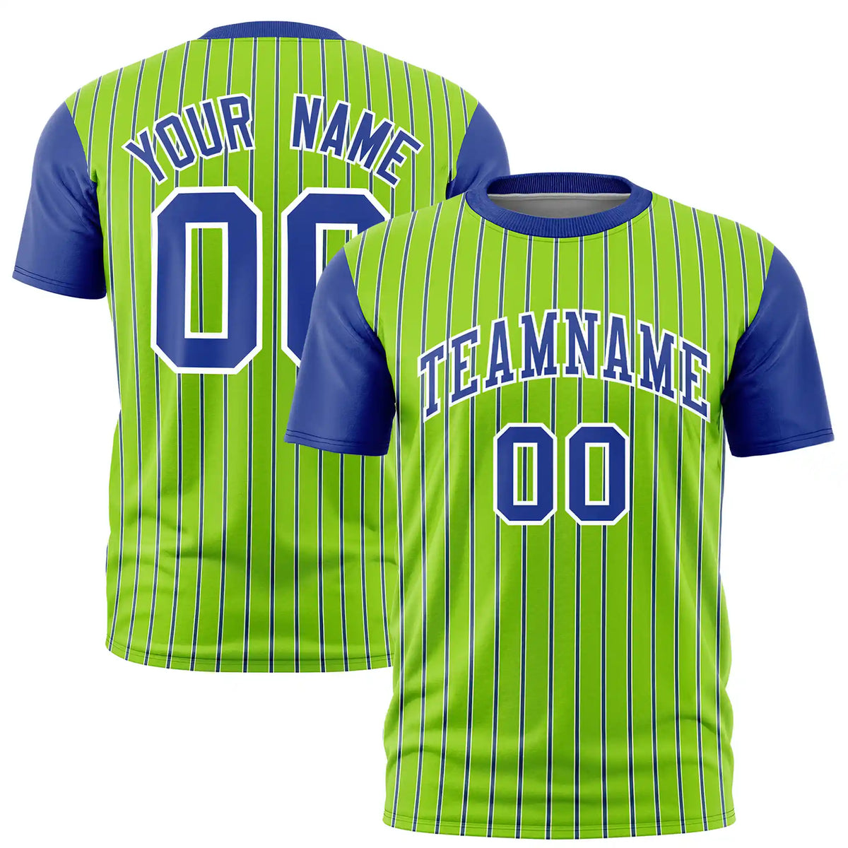 Custom Neon Green White-Royal Blue Pinstripe Pattern Design Performance T-Shirt