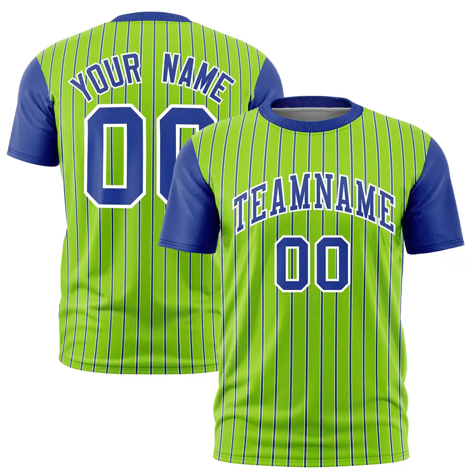 Custom Neon Green White-Royal Blue Pinstripe Pattern Design Performance T-Shirt
