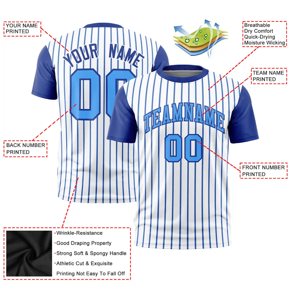 Custom White Powder Blue-Royal Blue Pinstripe Pattern Design Performance T-Shirt