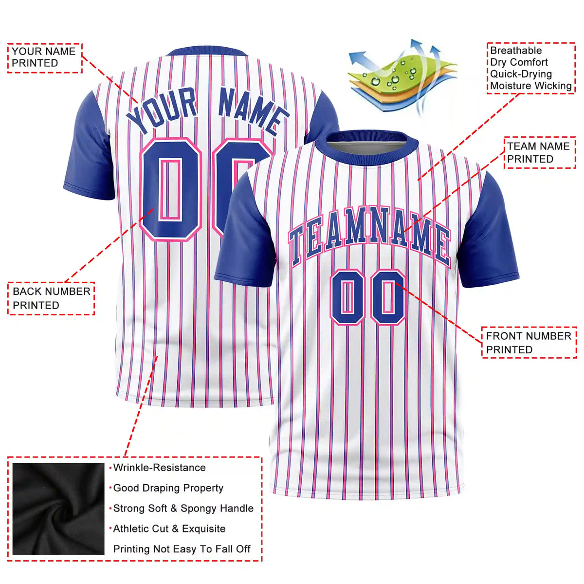 Custom White Pink-Royal Blue Pinstripe Pattern Design Performance T-Shirt